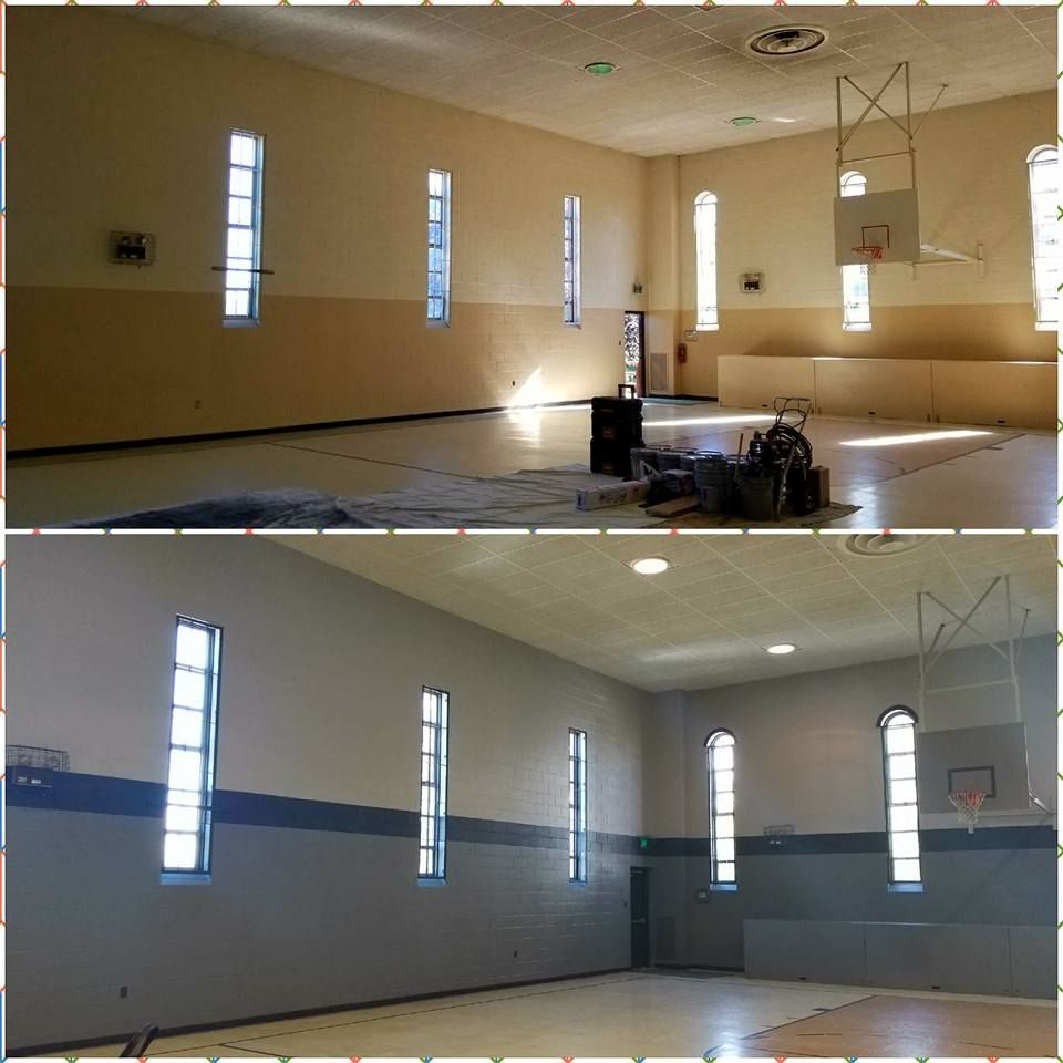 A before and after photo of a gym with a basketball hoop.