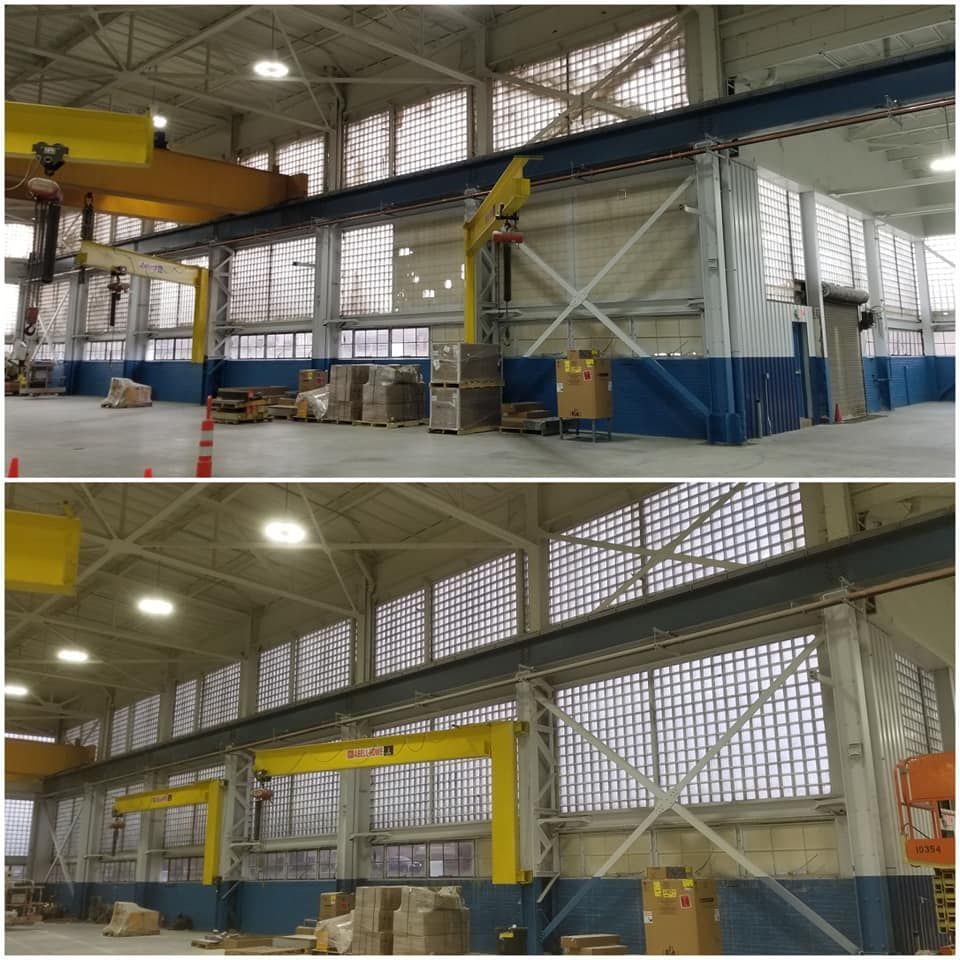 A before and after photo of a warehouse with lots of windows.