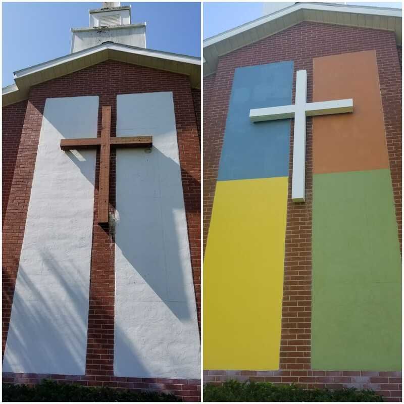 Two pictures of a church with a cross on it.