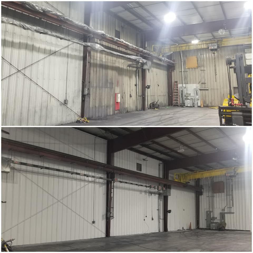 A before and after photo of a large warehouse.