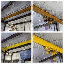A collage of four pictures of a crane in a building.