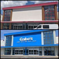 A before and after picture of a building with a van parked in front of it.