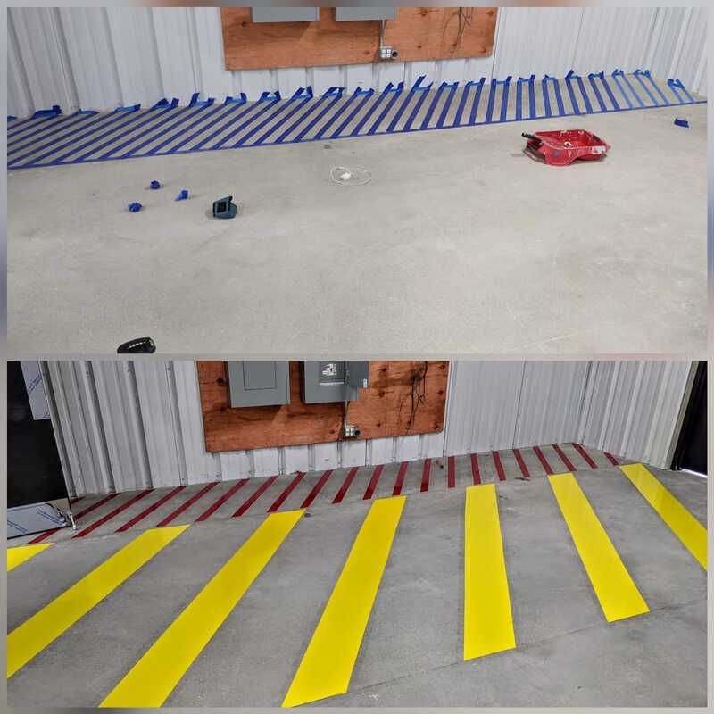 A before and after photo of a garage floor with yellow stripes.