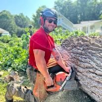A person in a red shirt, safety gear, and earmuffs smiles while kneeling beside a large fallen tree with a chainsaw.