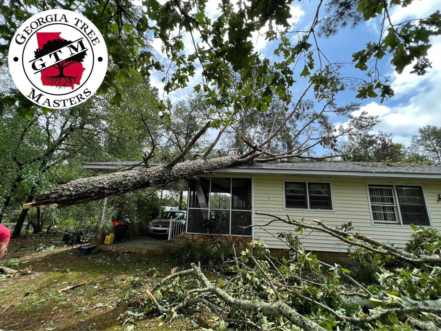 A large tree has fallen across the roof and porch of a single-story yellow house in a residential setting.