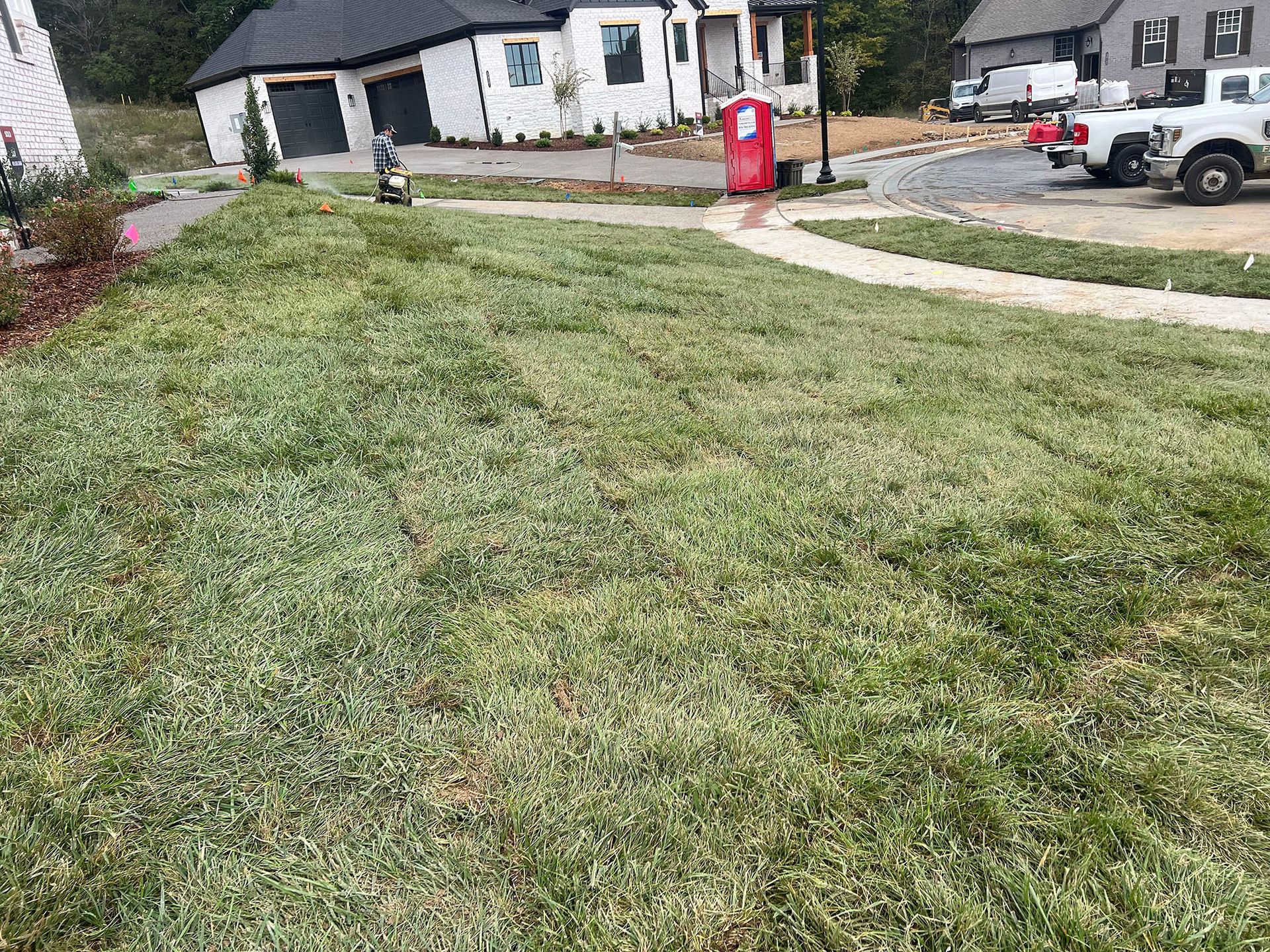 A lush green lawn in front of a house with a truck parked in the driveway.