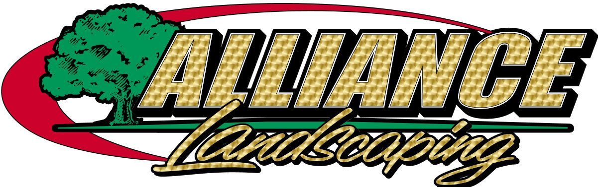 Logo for "Alliance Landscaping" featuring a tree, a red arc, and gold text with a black outline.