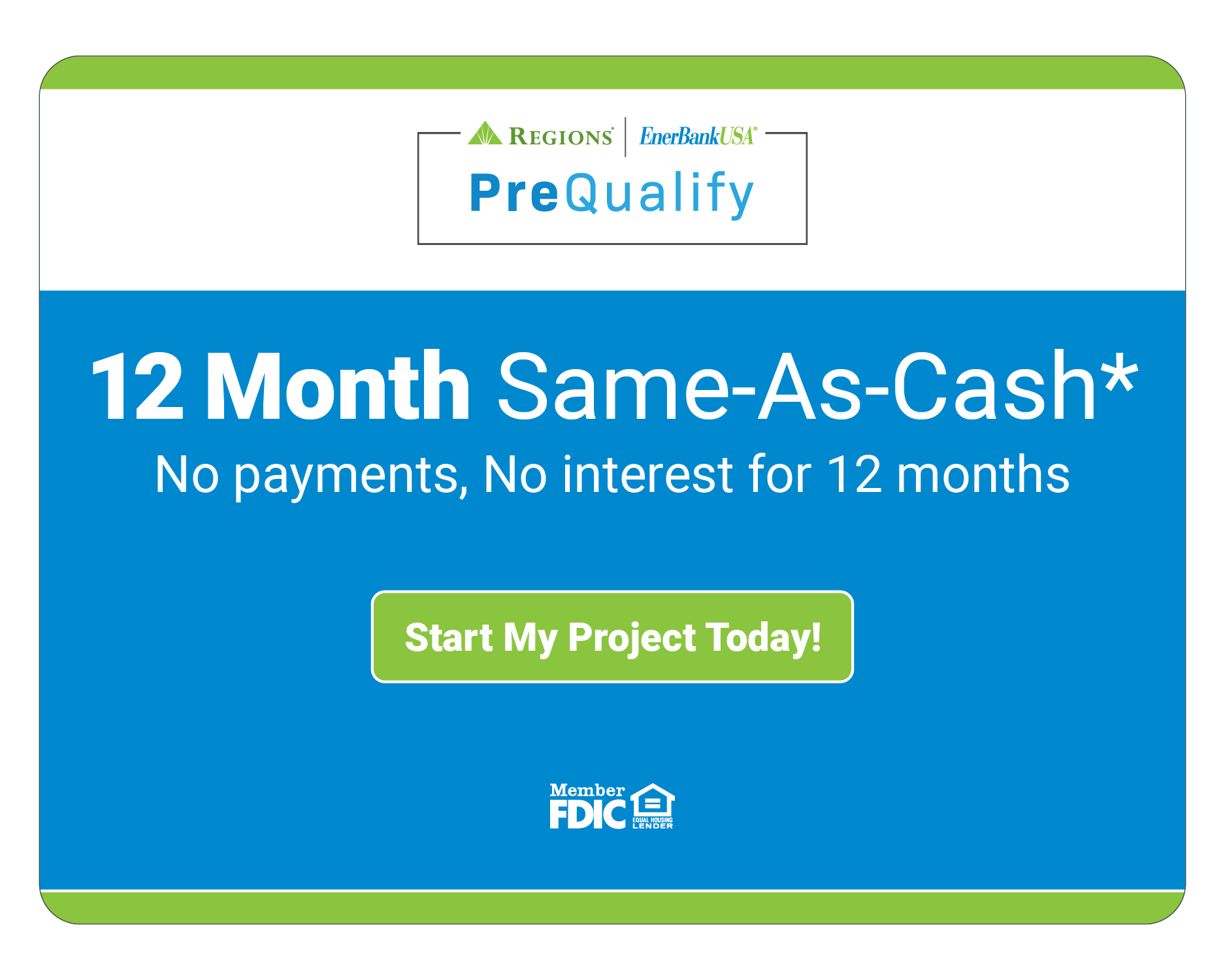 Blue ad promoting a 12-month same-as-cash offer with no payments or interest.