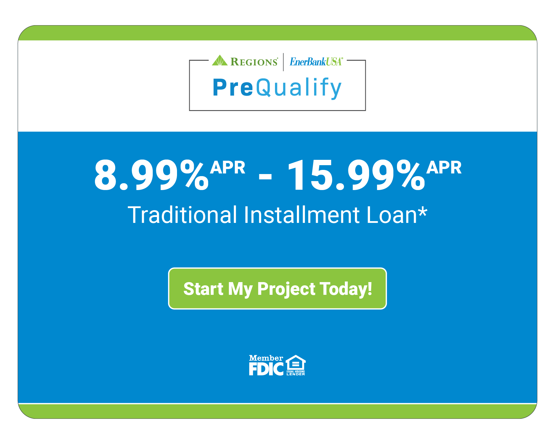 Ad for a loan with interest rates from 8.99% to 15.99%. Includes a 
