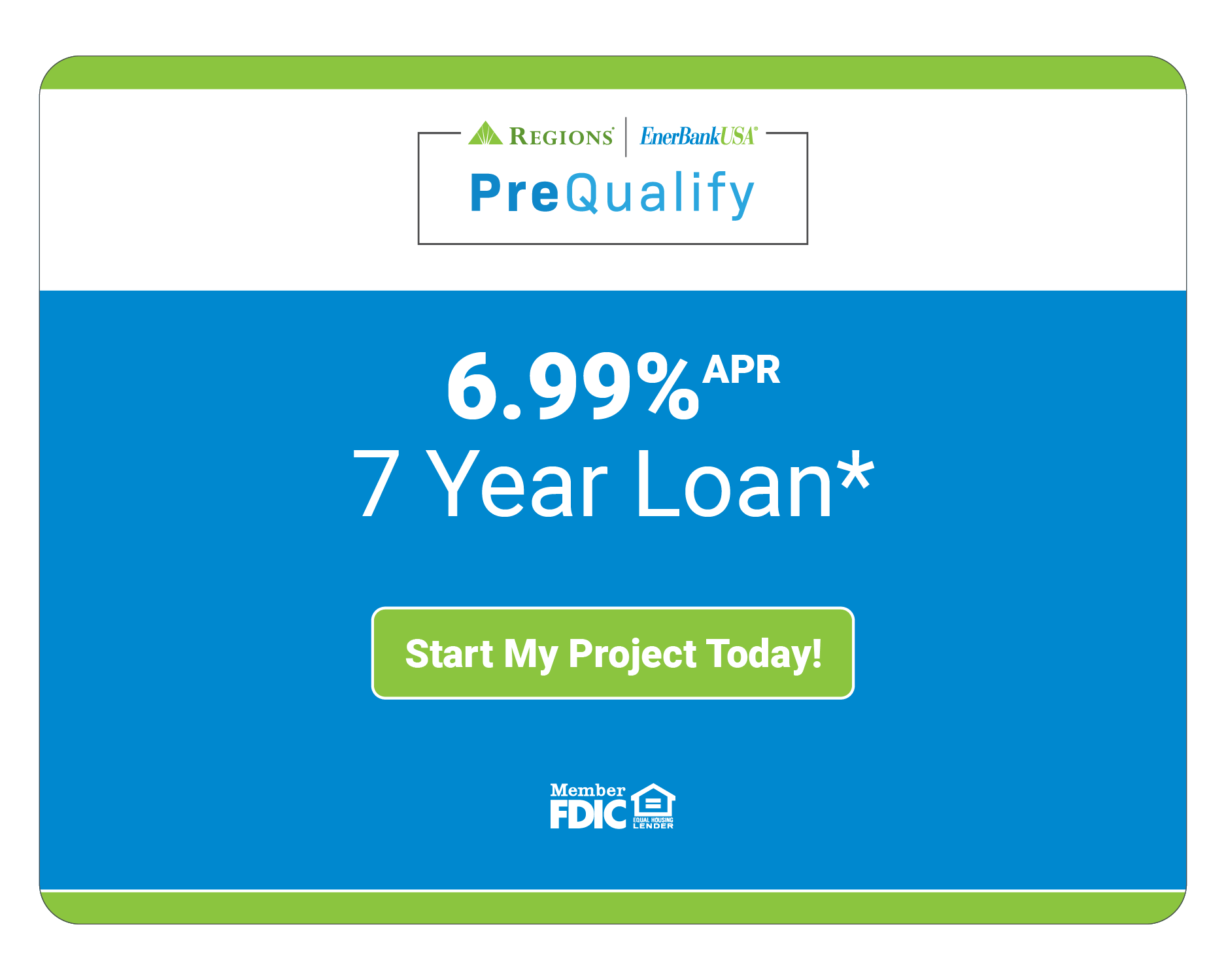 Ad for a loan with a blue background, offering 6.99% APR, 7 year loan, and a call to action button.