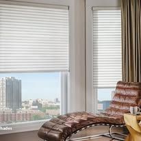 A living room with a chaise lounge and a window with blinds.
