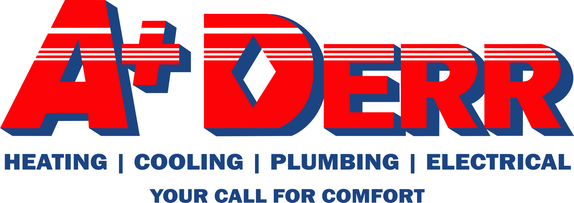 A+ Derr logo: Red and blue text advertising heating, cooling, plumbing, and electrical services.