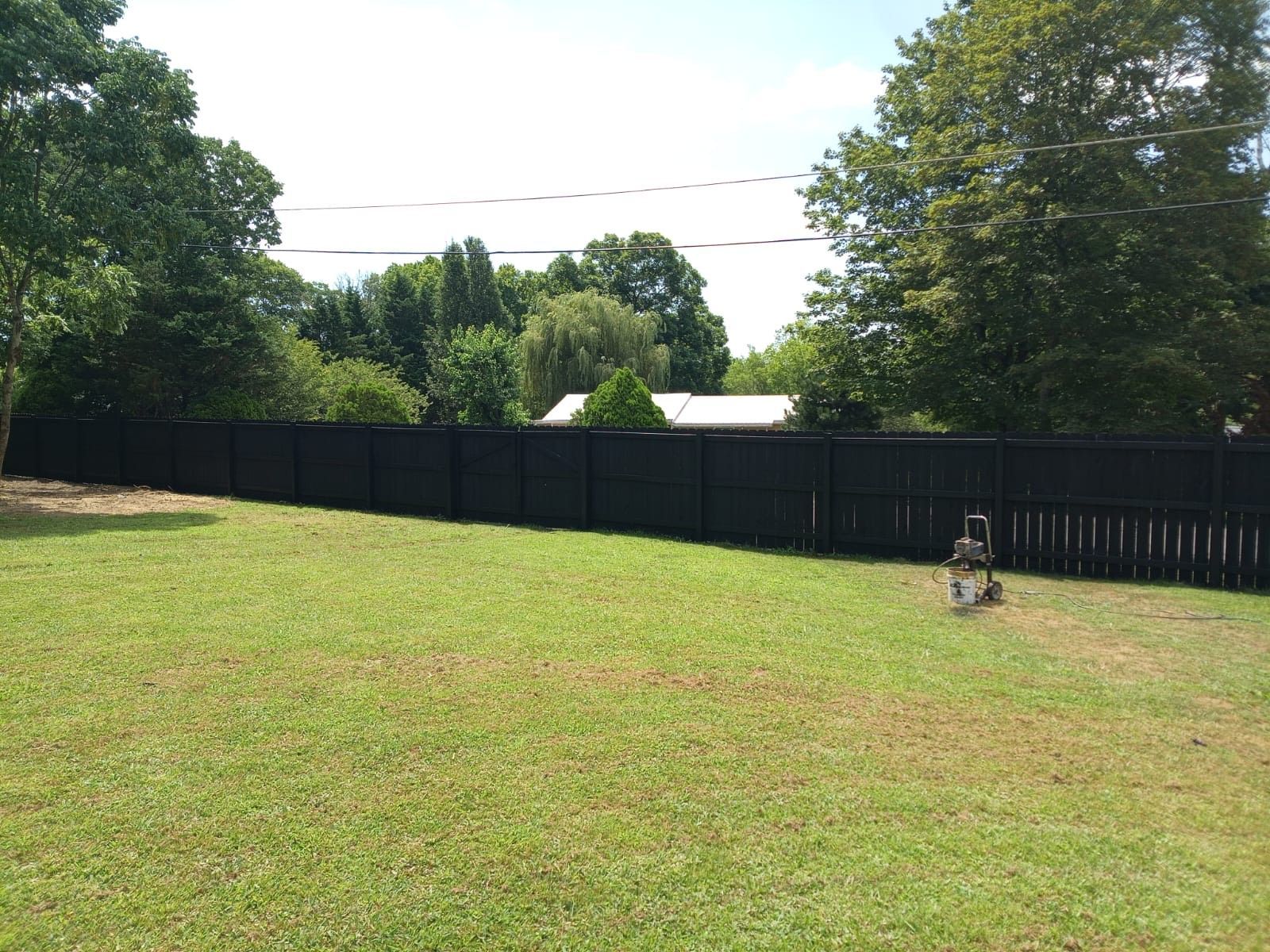 A black fence surrounds a lush green field