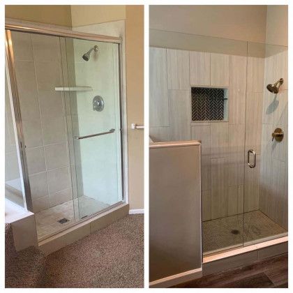 A before and after photo of a shower with a sliding glass door.