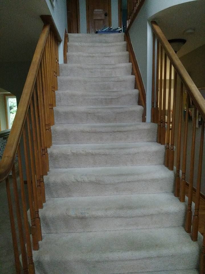 Staircase with light carpet, wooden banisters, and natural light.
