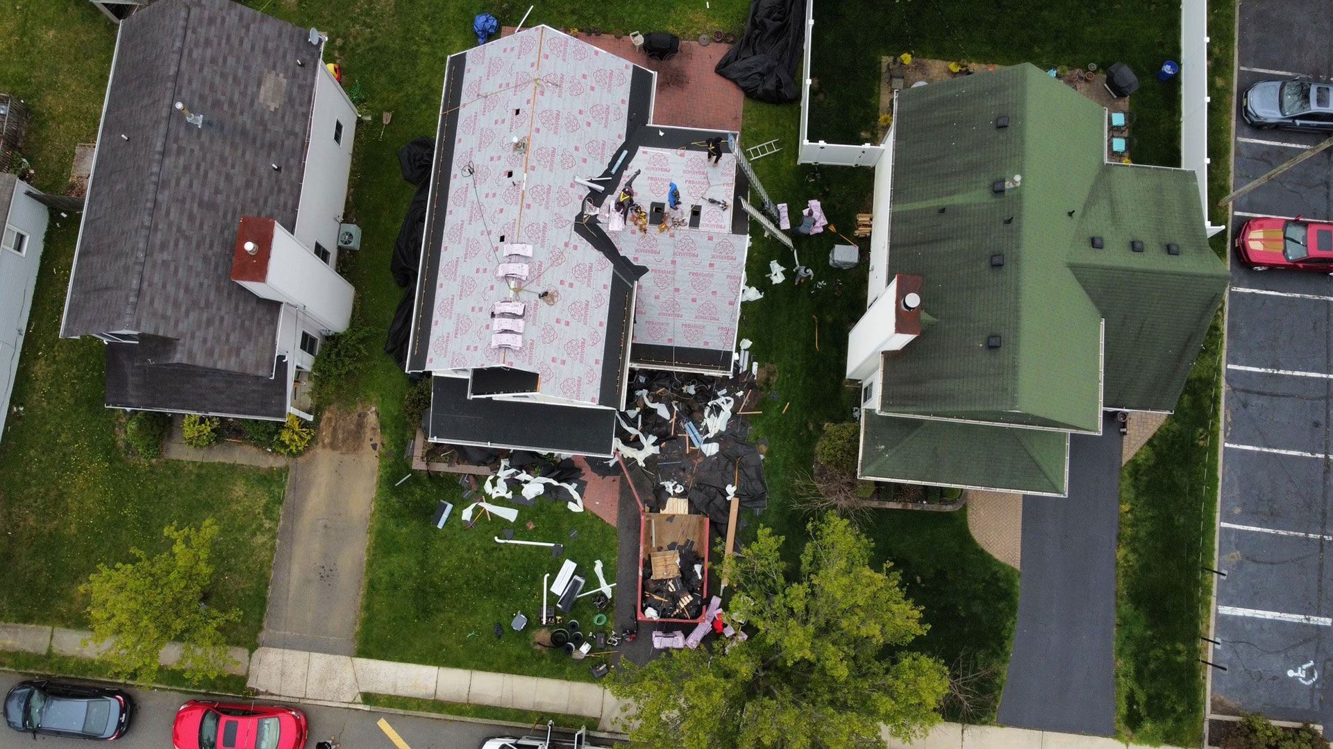 An aerial view of a house that is being remodeled