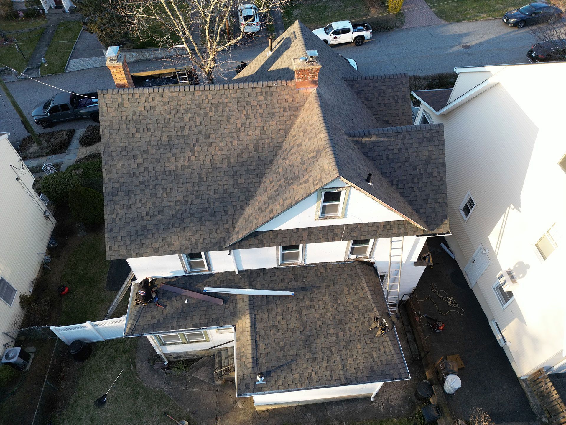 An aerial view of roof installation