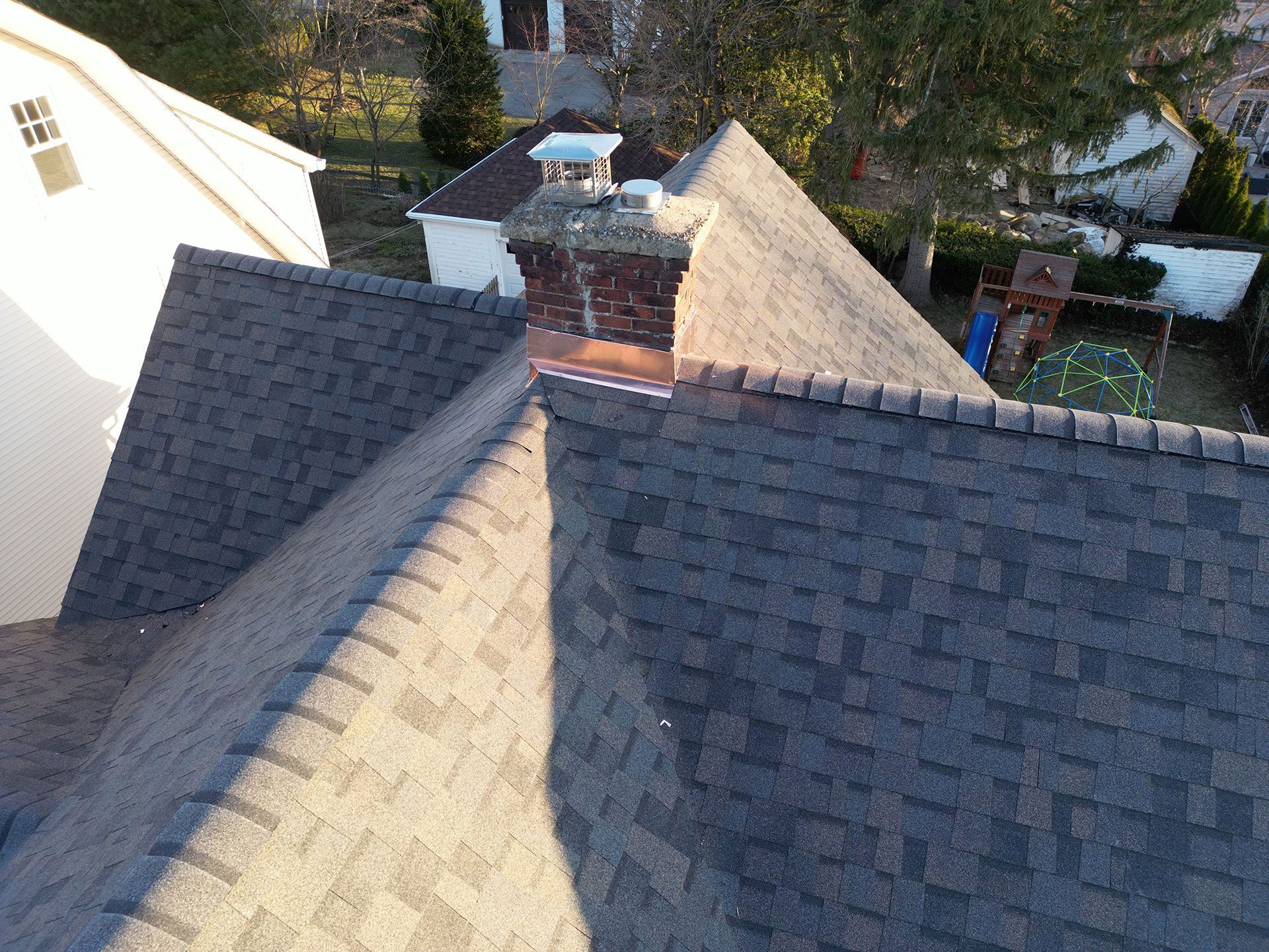 An aerial view of roof installation