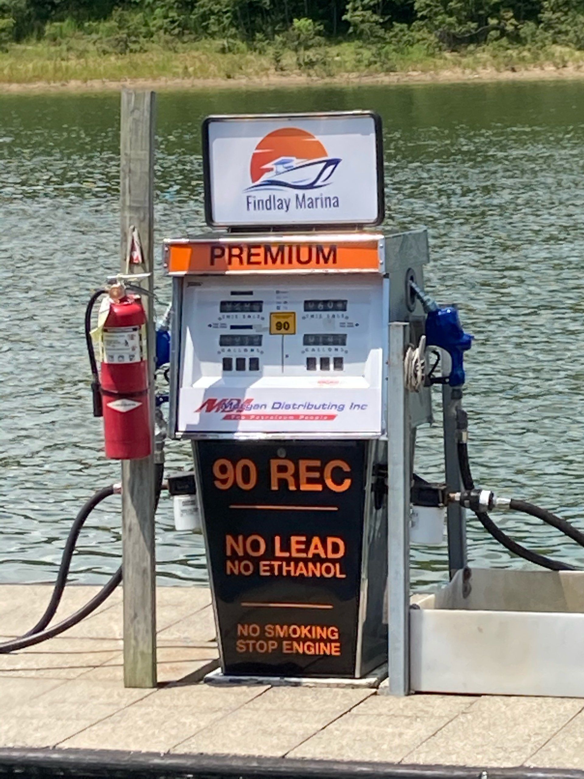 Gas pump on a dock, dispensing premium 90 REC no-lead, no-ethanol fuel.