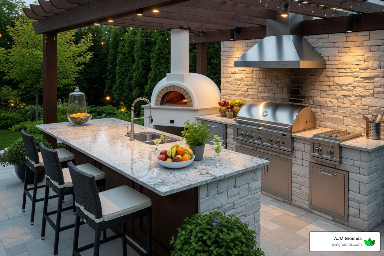 Outdoor kitchen with a pizza oven, grill, and a bar area.