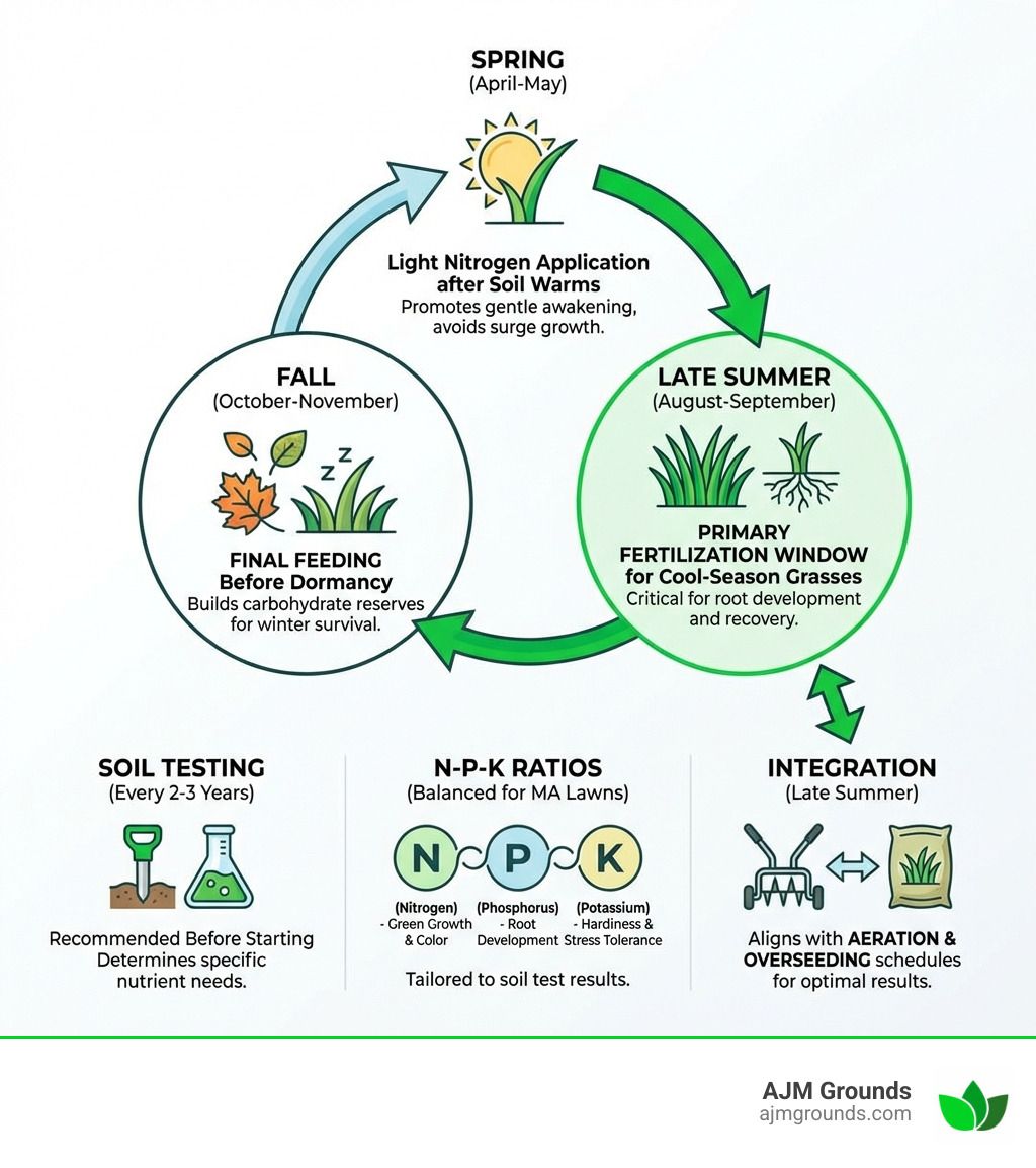 Diagram showing lawn care cycle. It highlights Spring, Late Summer, and Fall stages with soil testing and N-P-K ratios info.