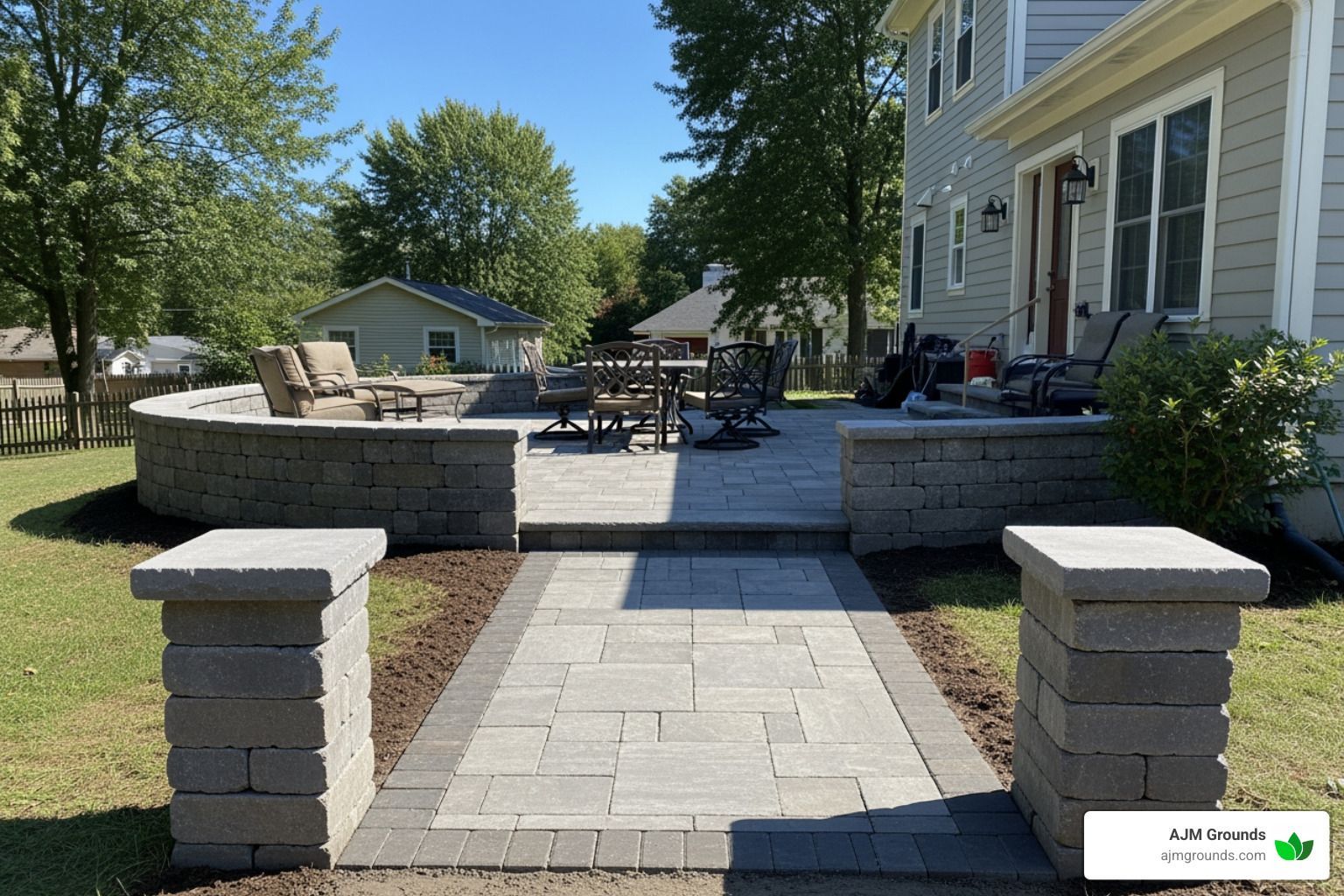 Stone patio and walkway with a retaining wall and fire pit in a backyard setting.