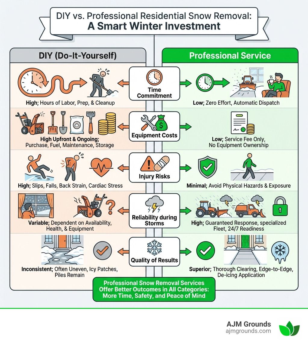 Infographic comparing DIY and professional snow removal, detailing time, cost, safety, reliability, and quality.