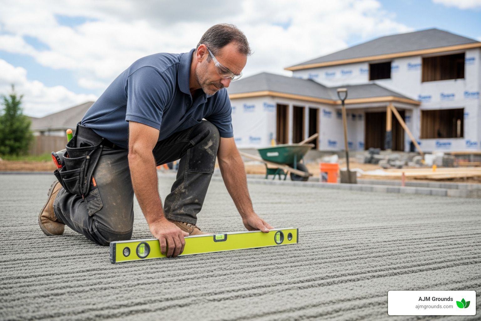 Construction worker kneels on concrete slab, checking level with tool, house under construction in background.