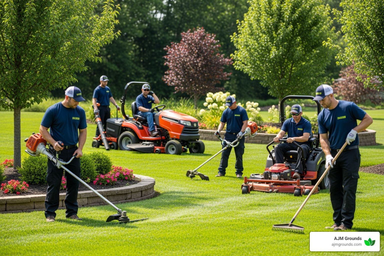 Lawn care crew working in a green yard with mowers, trimmers, and rakes.