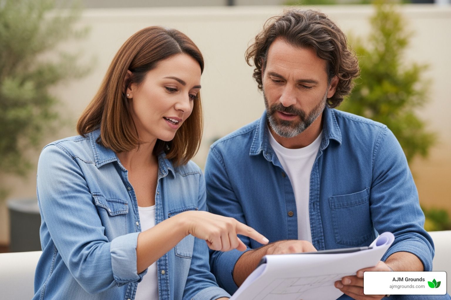 A woman and a man looking at papers, the woman pointing, in a sunny outdoor setting.