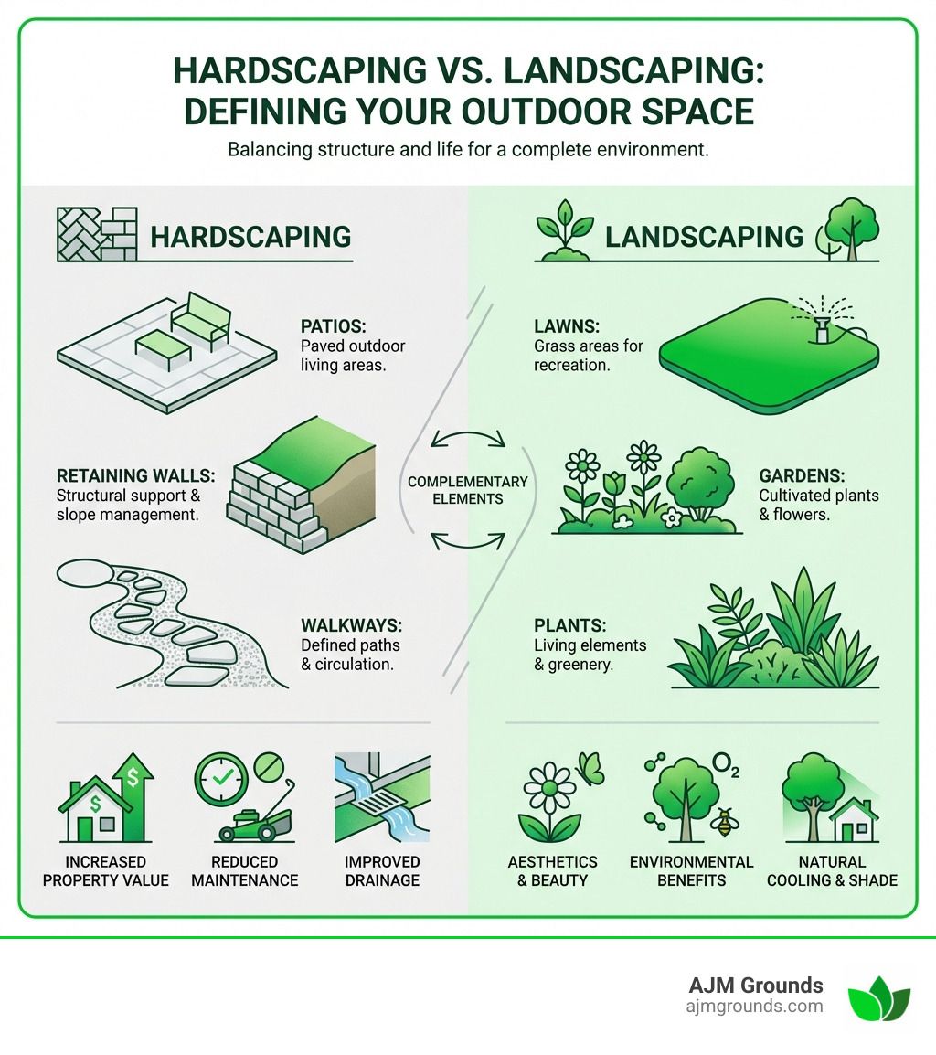 Infographic comparing hardscaping (stone elements) and landscaping (plants) with examples and benefits.