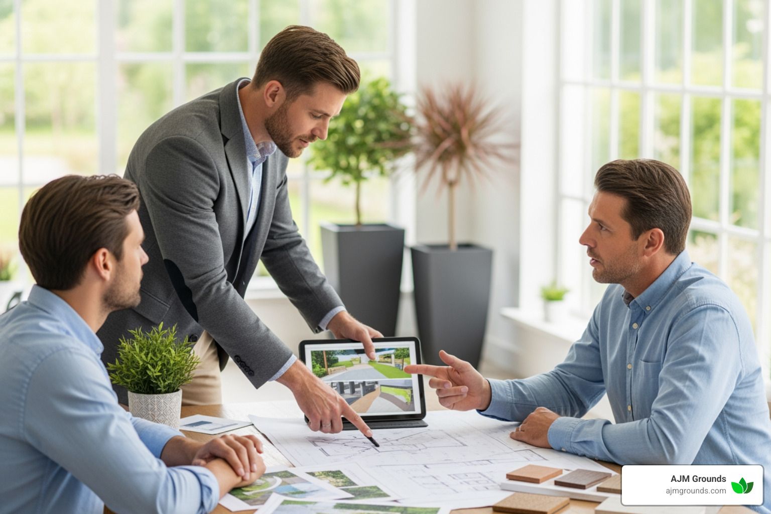 Three men reviewing plans and a tablet in a bright office. One points at a screen, others at blueprints.