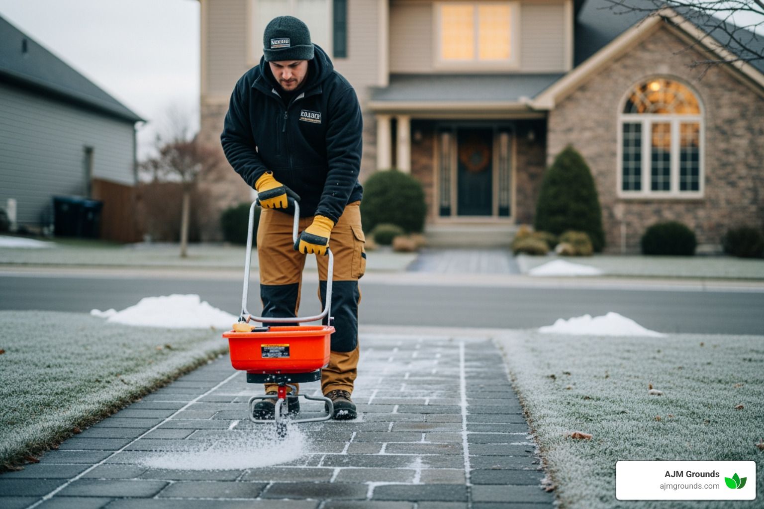 Man spreading salt on a brick walkway with a spreader in front of a house.
