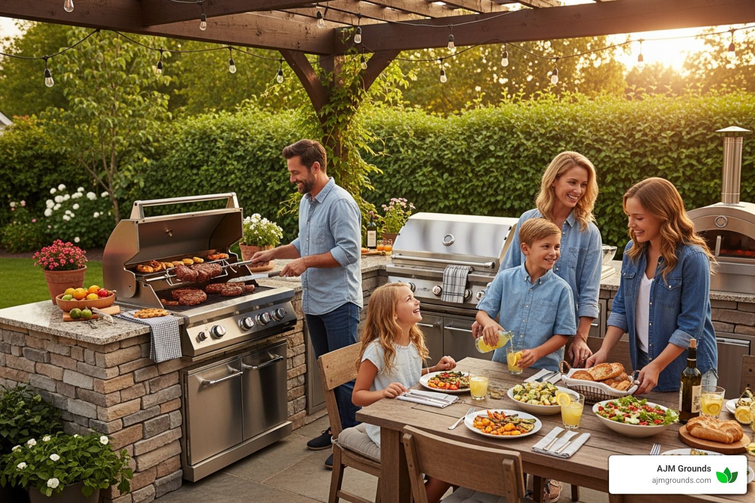 Family grilling and dining outdoors. Man grills meat. Others serve food at a table under a pergola.