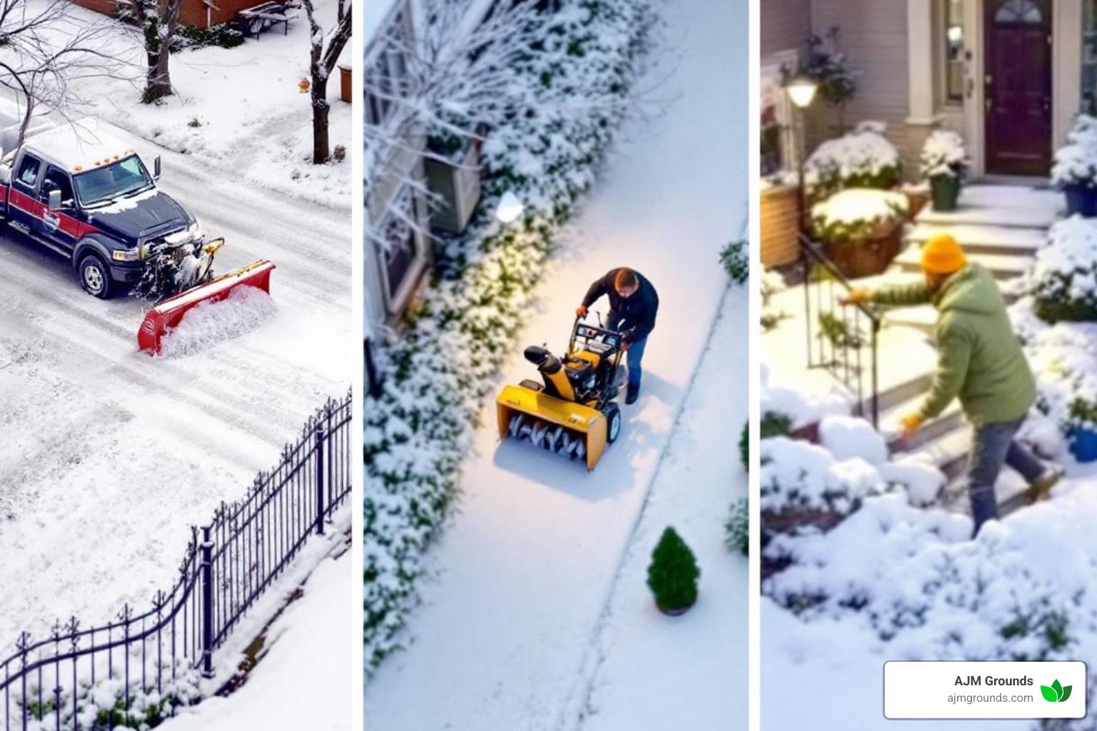 Snow removal scenes: truck plowing road, person using snowblower on a sidewalk, person shoveling a walkway.
