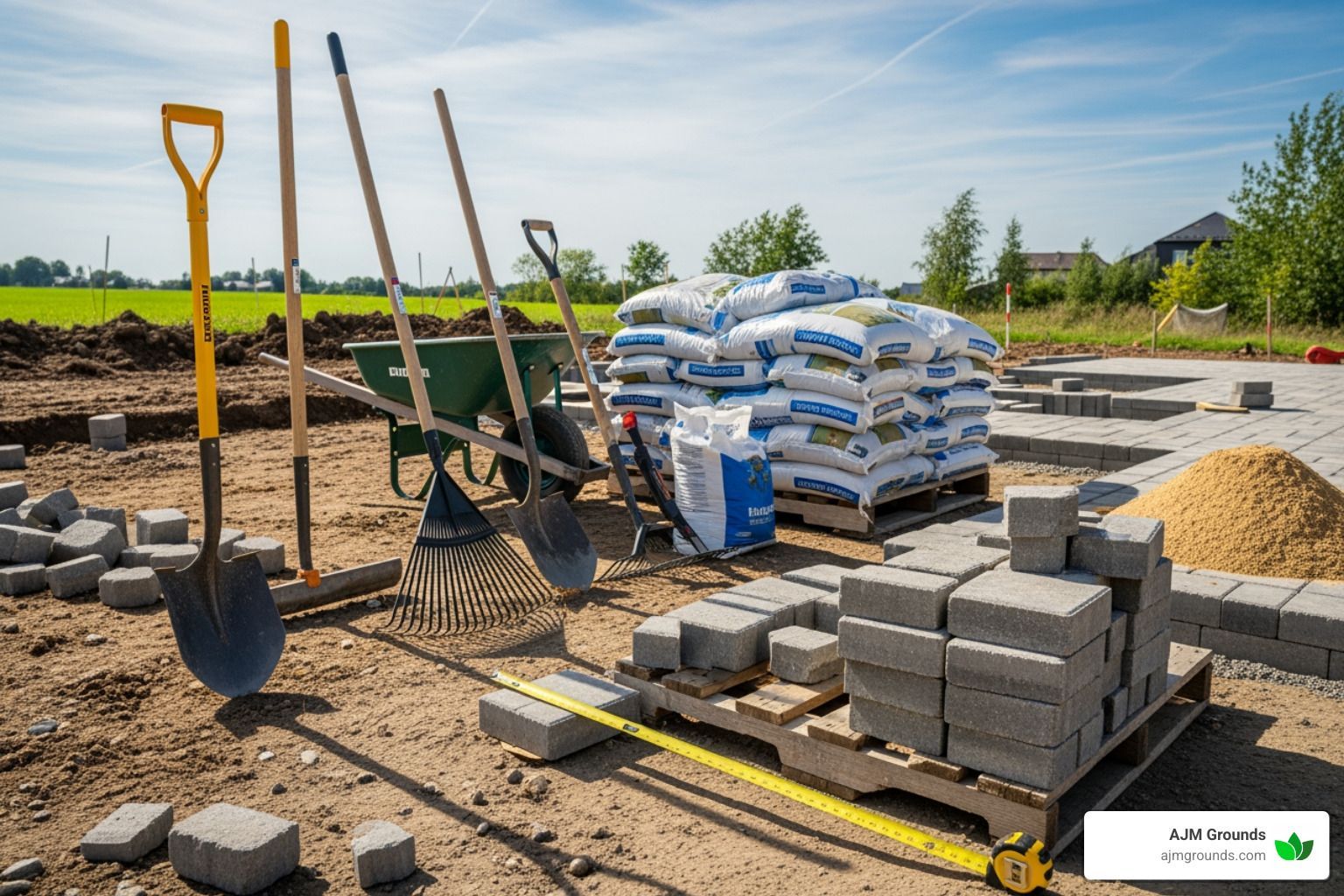 Construction site with tools, pavers, sand, and bags of cement.