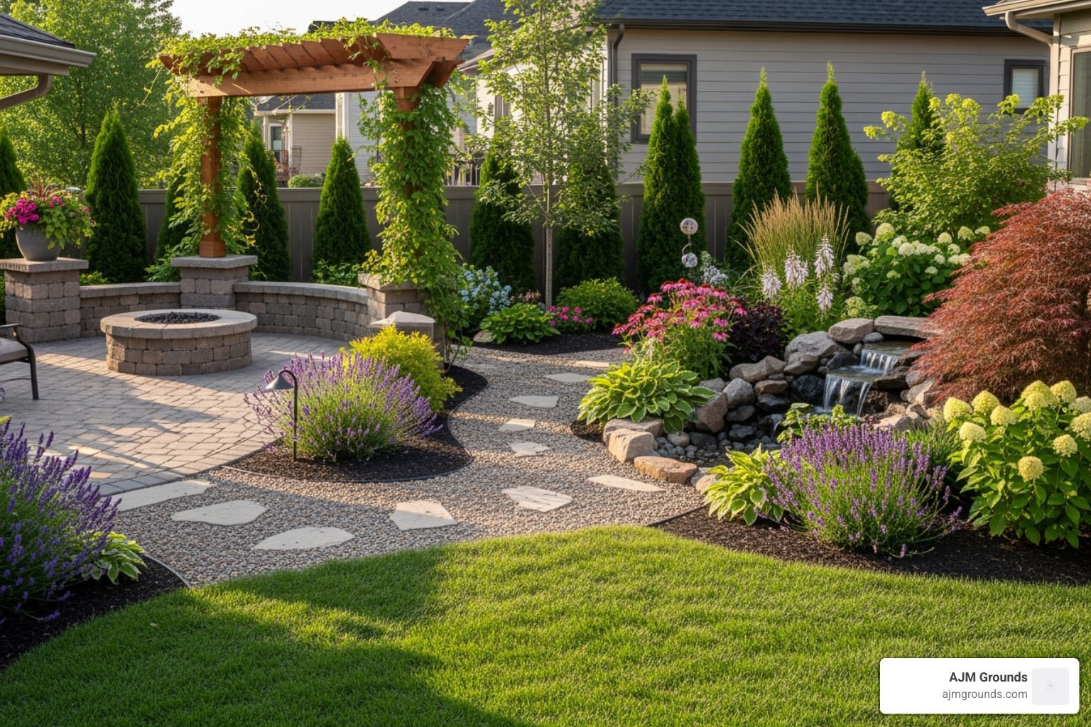 Lush backyard garden with fire pit, stone pathway, waterfall, and pergola, filled with flowers and greenery.