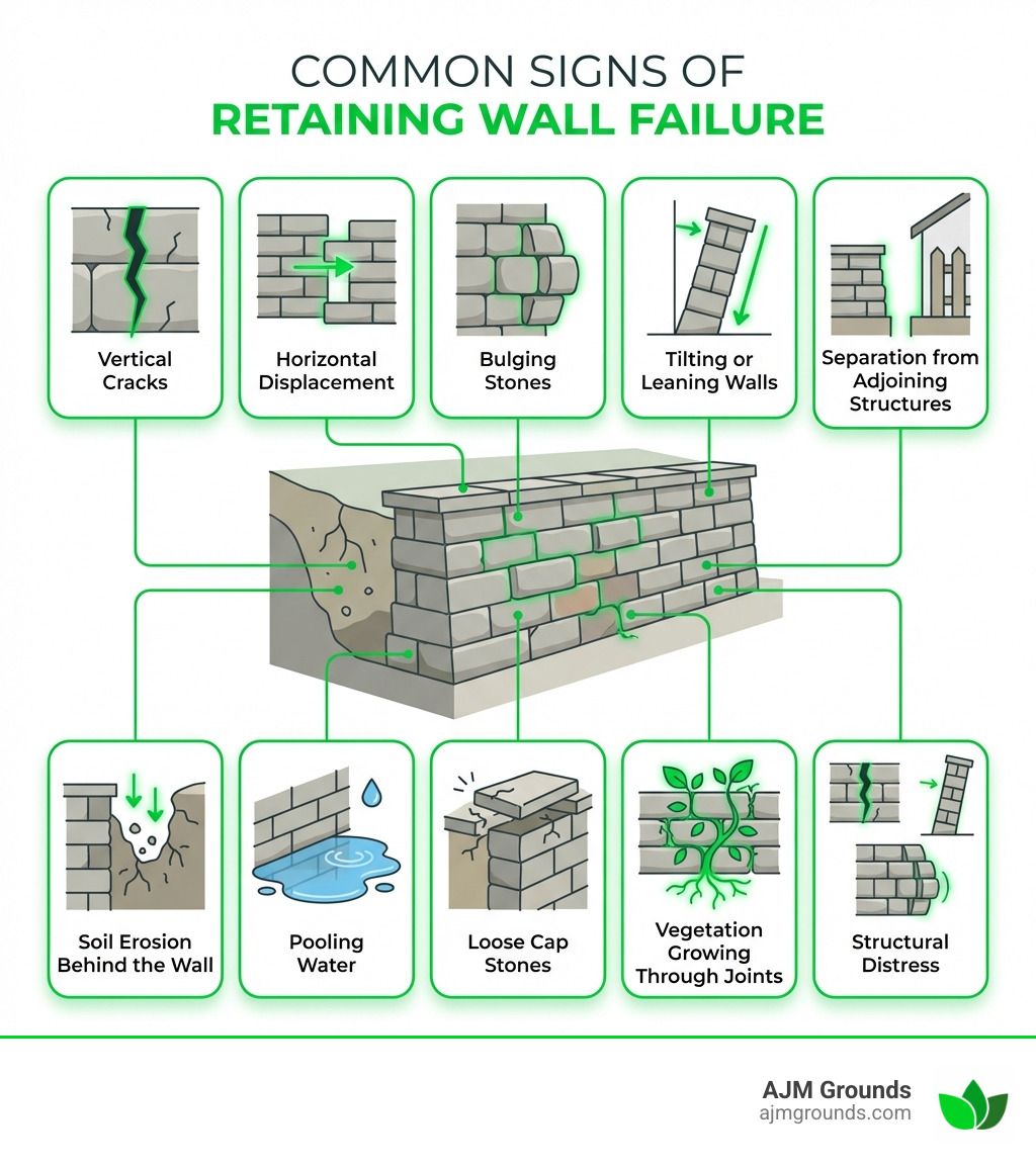 Diagram of retaining wall with common failure signs: crack
