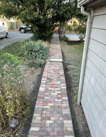 Brick walkway leading from a street past a house with gutter, surrounded by grass and foliage.