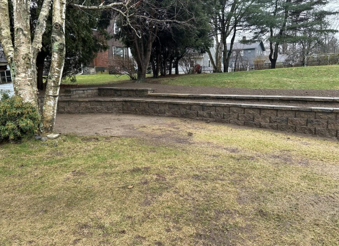 Stone retaining wall with steps on a grassy area; trees in the background.