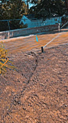 Ground with deep crack, near a sprinkler, in front of a fence and building.