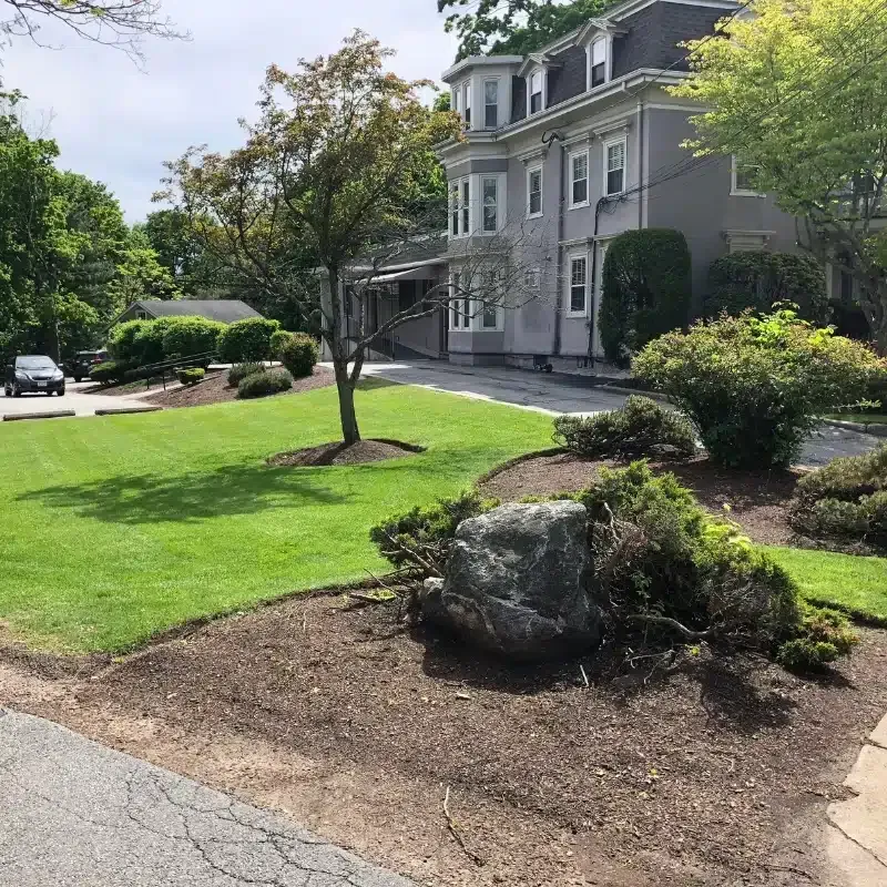 A gray, multi-story historic house with a manicured lawn, a large boulder in a garden bed, and a car parked in the distance.