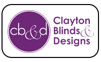 Logo for Clayton Blinds & Designs. Purple circle with "cb&d" initials, and text: Clayton Blinds & Designs.