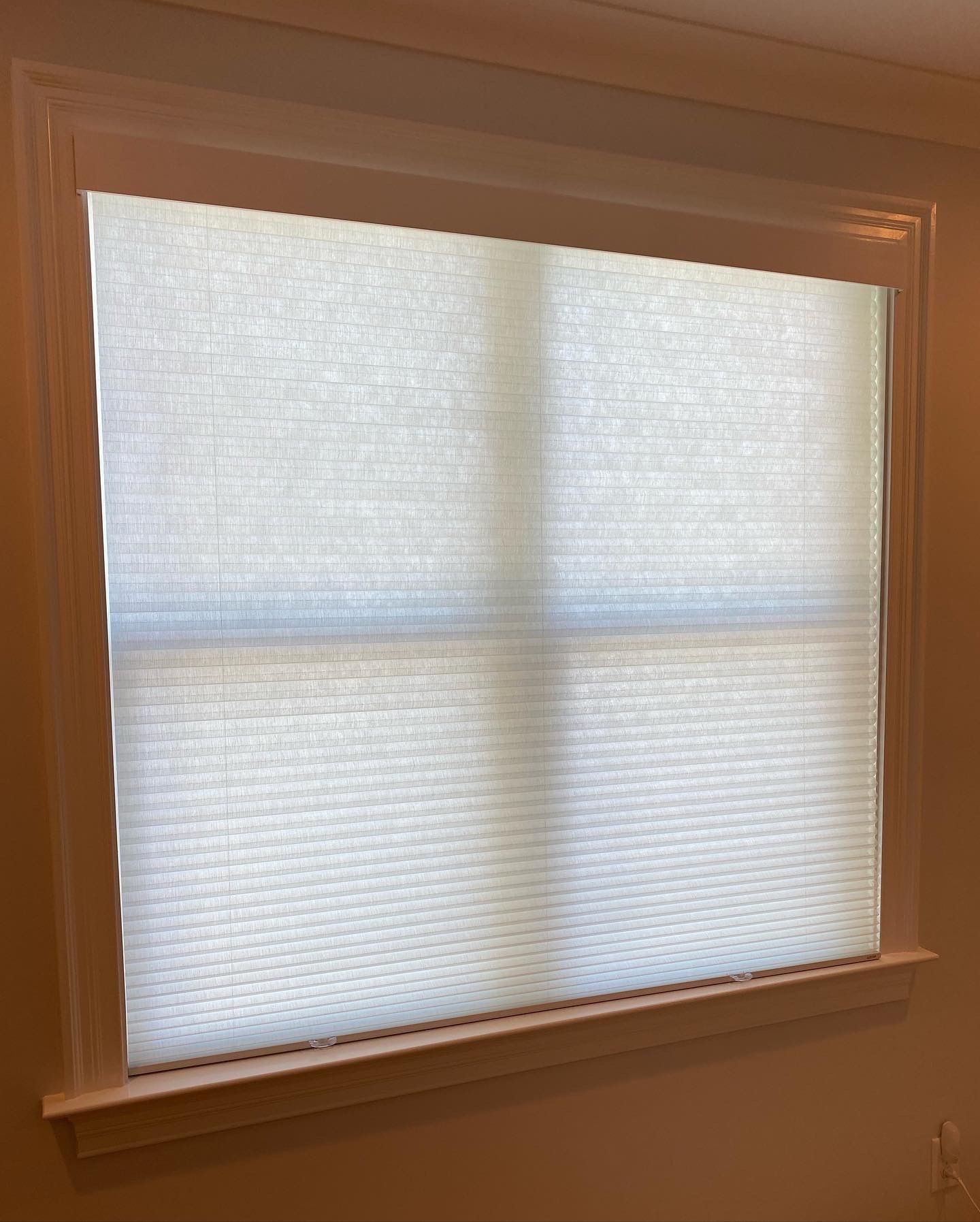 White cellular shade blinds inside a window frame. The blinds are partially open.