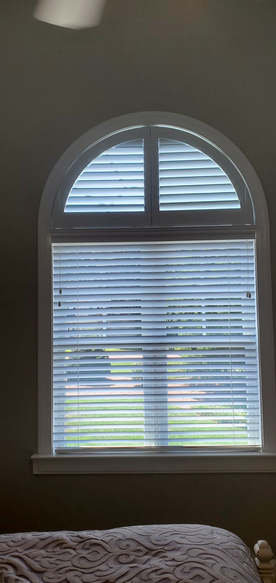 An arched window with white blinds and trim, looking out onto greenery.