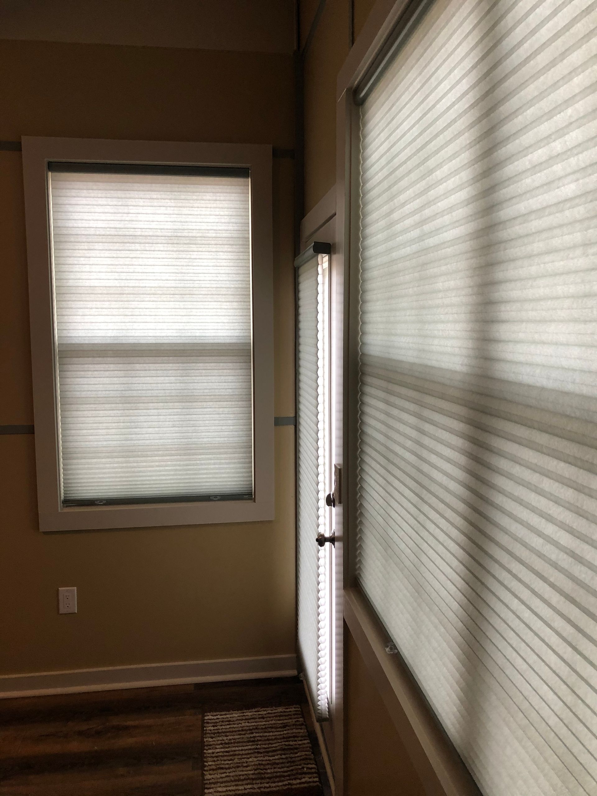 Room interior with window and door covered by light-filtering blinds. Beige walls, brown rug, and dark wood floor.