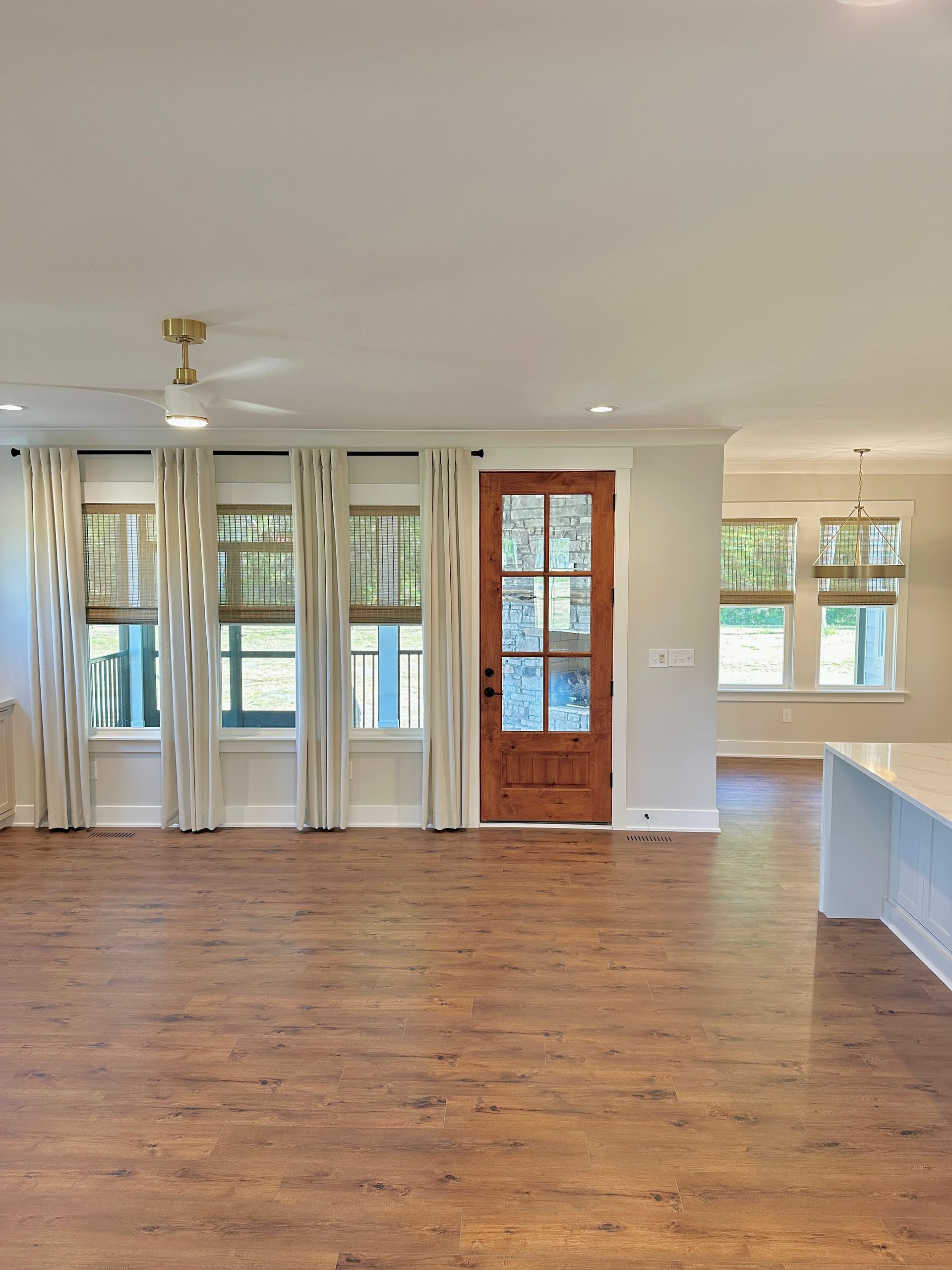 Open living space with wood flooring, three windows, and a wood door.