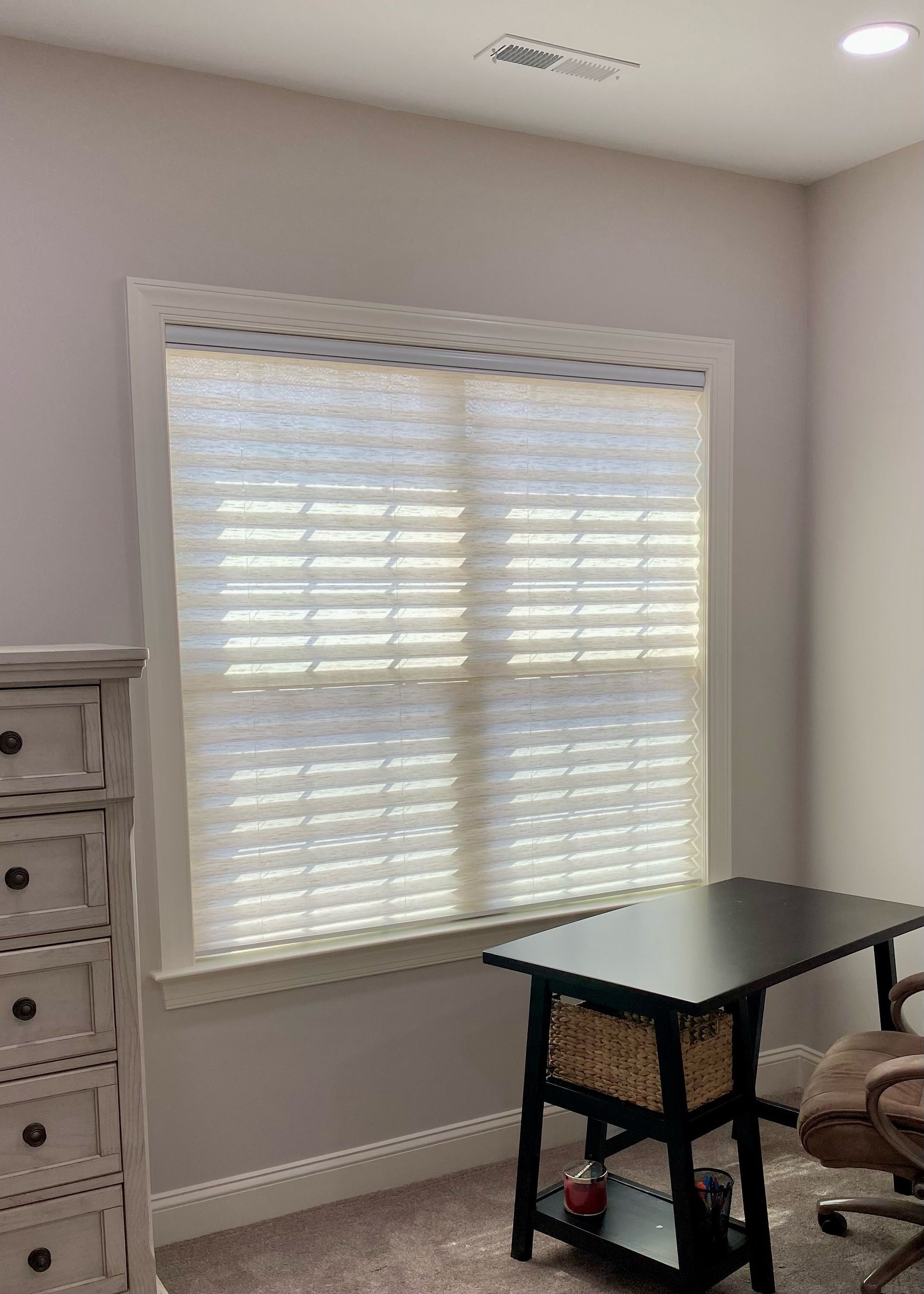 A window with blinds, a desk, and a chest of drawers in a light-colored room with carpet.