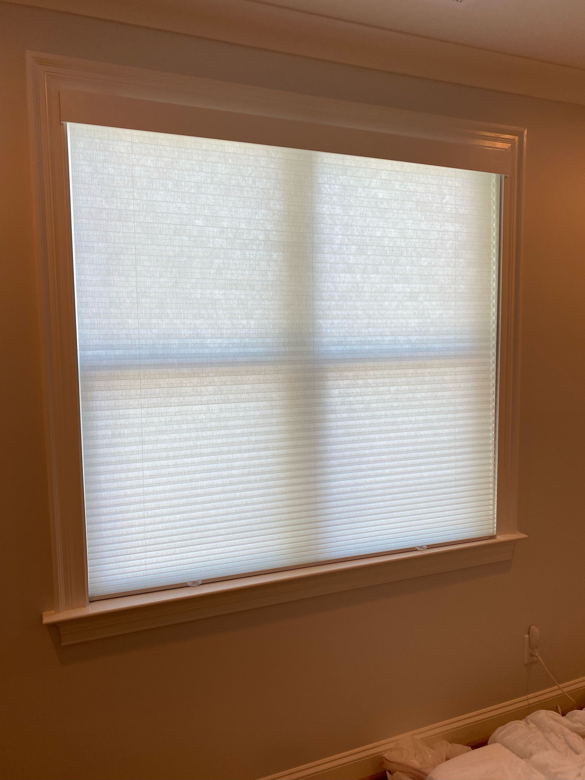 Window with white pleated blinds, framed in white trim, set in a beige wall.