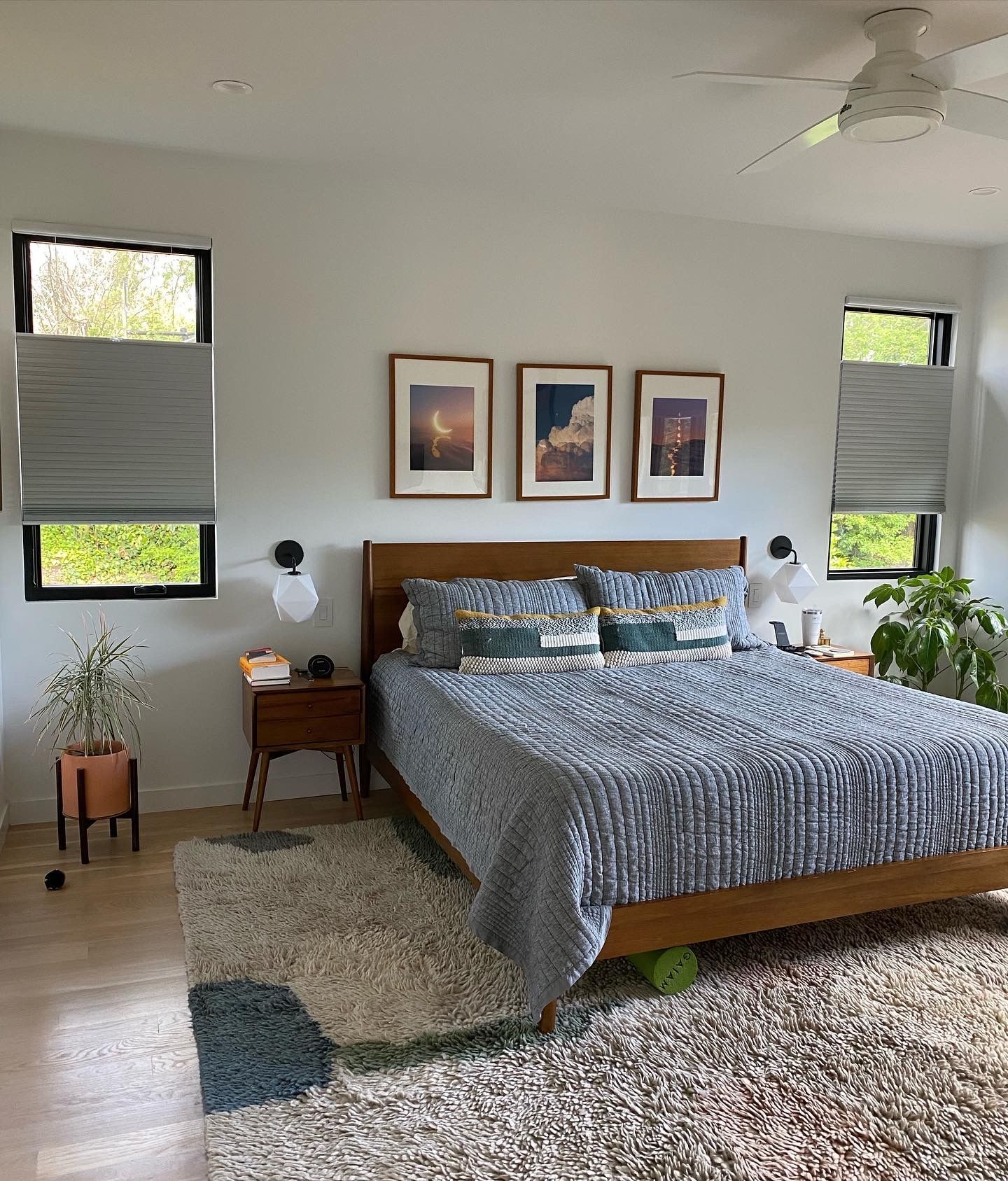 Bedroom with a wooden bed, art, two windows with shades, and a patterned rug.